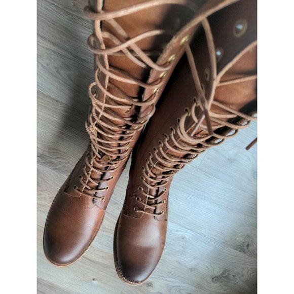 Frye Veronica Tall Lace Up Boots Womens 9.5 B Cognac Brown Knee High Combat - Picture 3 of 10